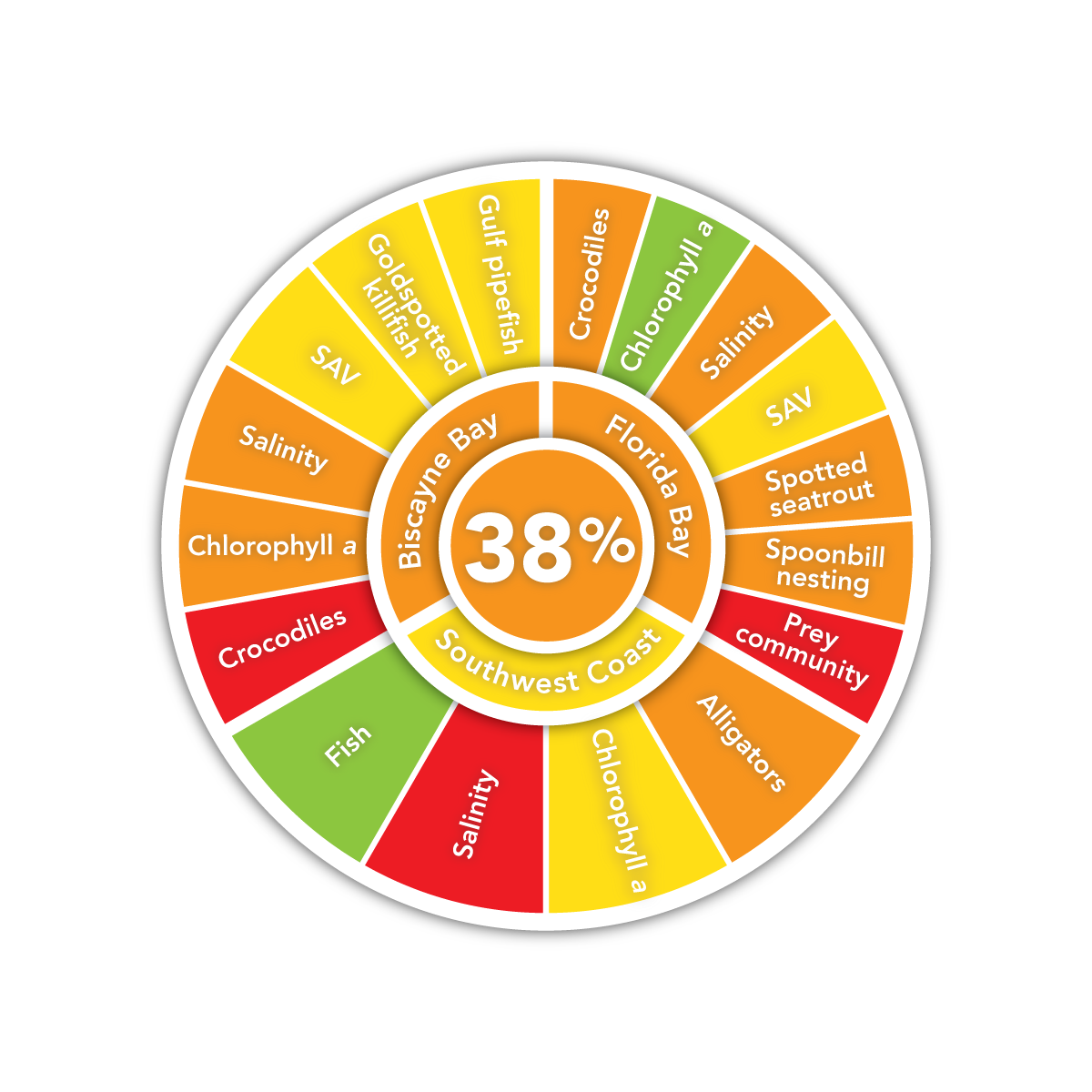 Graphic shows overall score for the Southern Coastal Systems as "poor" at 38%. In Biscayne Bay, SAV, gold-spotted killifish, and Gulf pipefish are rated "fair"; salinity and chlorophyll alpha are rated "poor"; crocodiles are rated "very poor." In Florida Bay, chlorophyll alpha is rated "good"; SAV is rated "fair"; crocodiles, salinity, spotted seatrout, and spoonbill nesting are rated "poor"; prey community is rated "very poor." On the Southwest Coast, fish is rated "good"; chlorophyll alpha is rated "fair"; alligators are rated "poor"; salinity is rated "very poor." Graphic shows overall score for the Southern Coastal Systems as "poor" at 38%. In Biscayne Bay, SAV, gold-spotted killifish, and Gulf pipefish are rated "fair"; salinity and chlorophyll alpha are rated "poor"; crocodiles are rated "very poor." In Florida Bay, chlorophyll alpha is rated "good"; SAV is rated "fair"; crocodiles, salinity, spotted seatrout, and spoonbill nesting are rated "poor"; prey community is rated "very poor." On the Southwest Coast, fish is rated "good"; chlorophyll alpha is rated "fair"; alligators are rated "poor"; salinity is rated "very poor."